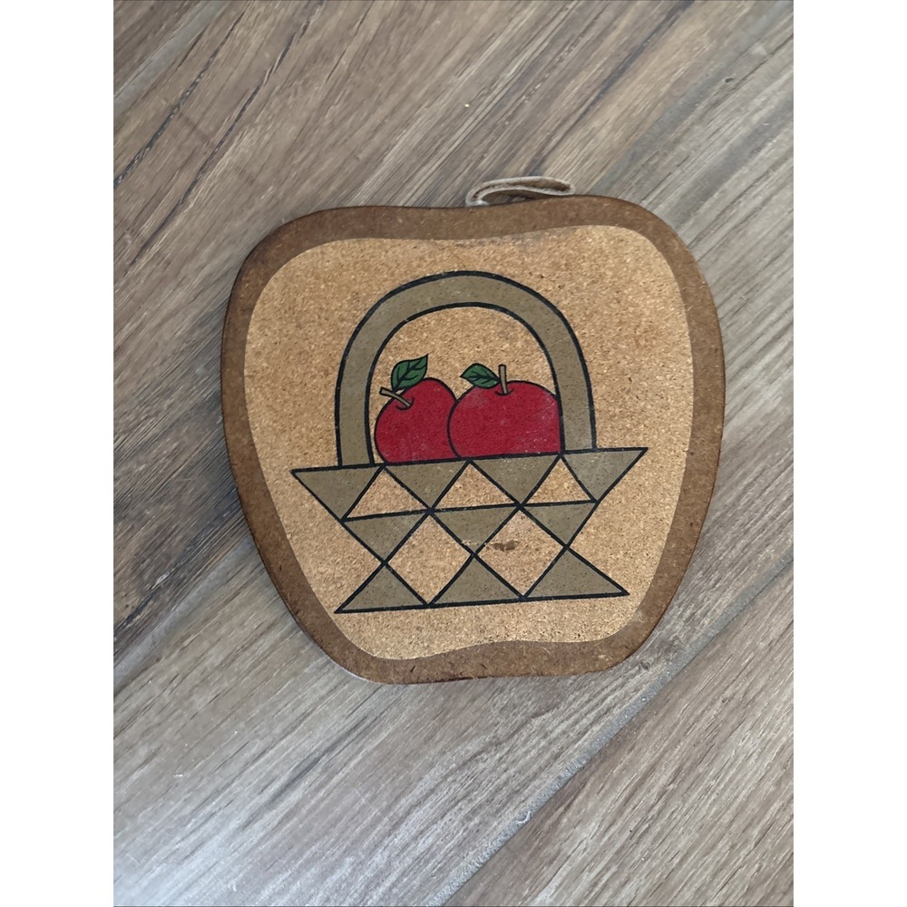 Vintage Trivet Fruit Designs Apple In Basket Cork on Wood Apple Shaped